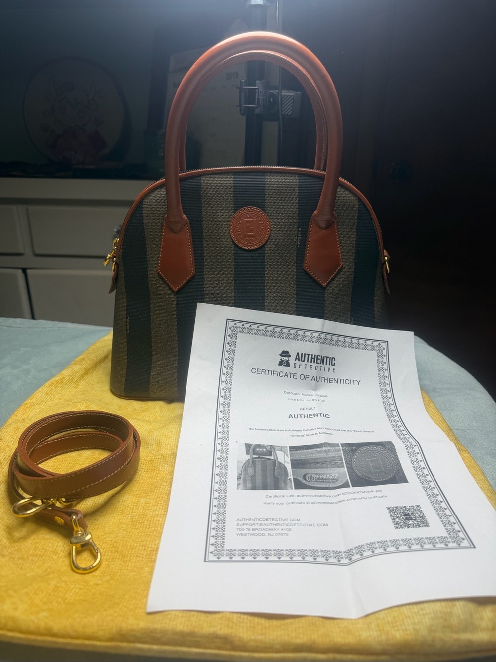 Fendi Brown and Olive Striped Dome Satchel with Leather Trim